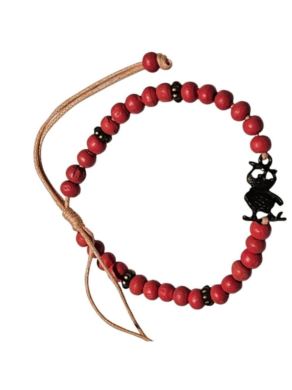 Rustic Brass Owl Charm Bracelet Red Wooden Beaded Natural Cord Tie Boho Jewelry
